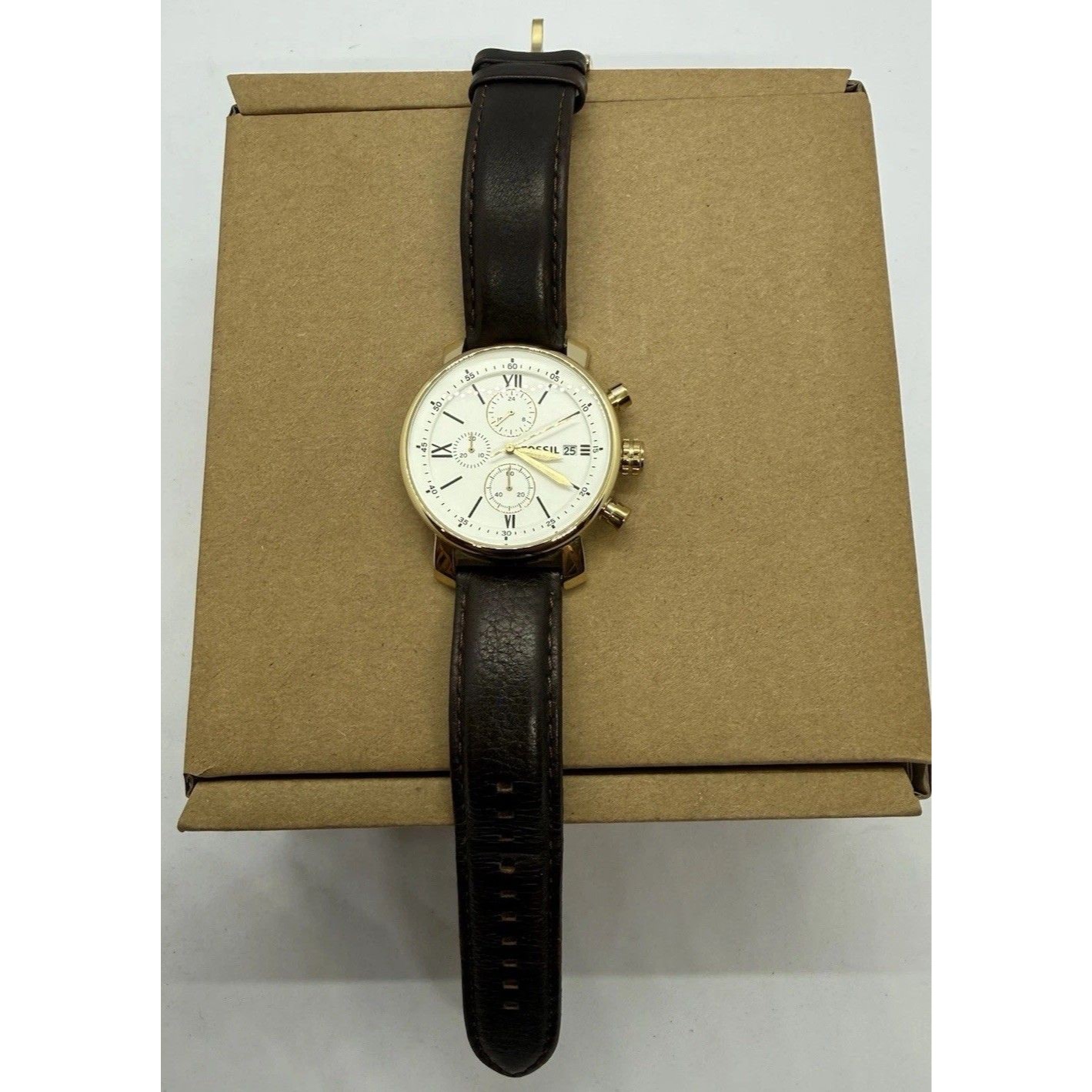 Fossil Bq1009 Chronograph Mens Watch Gold Case White Dial Brown Leather Date